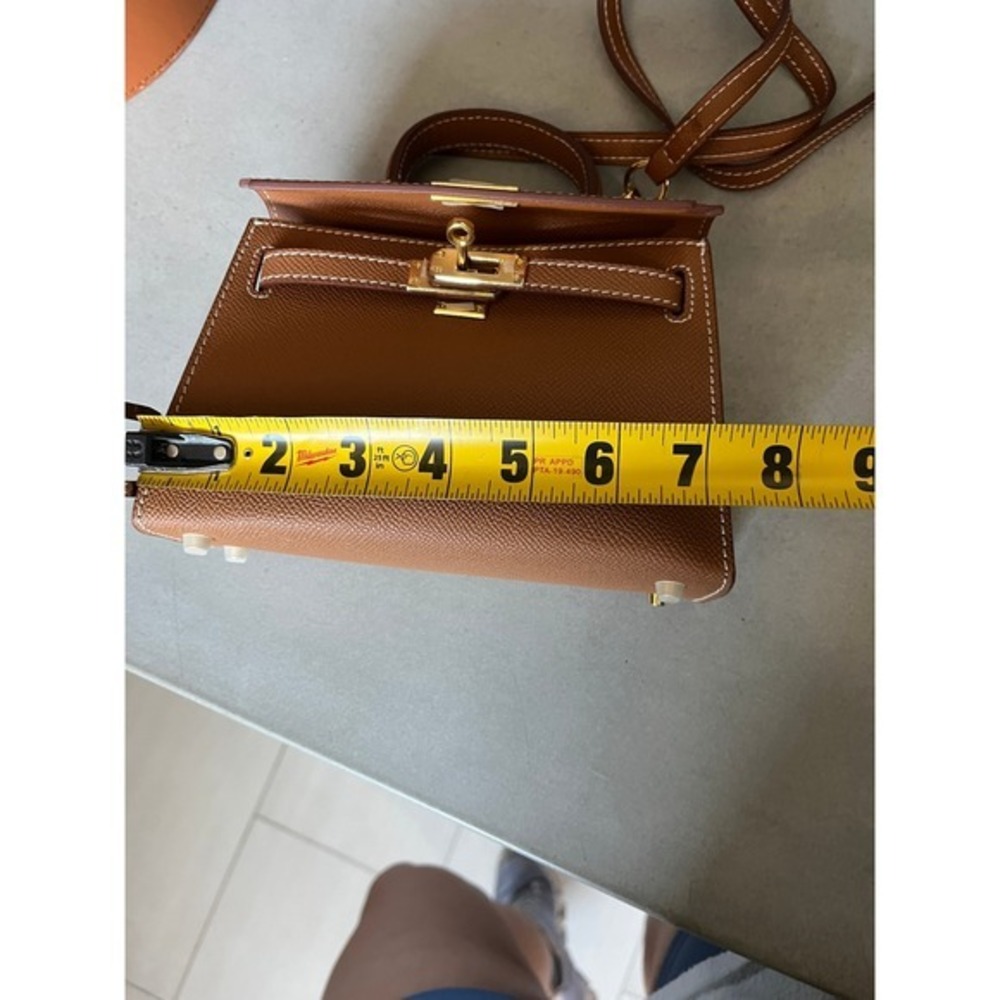 Brown Genuine Leather Mini Top Handle Crossbody Bag Gold Hardware Classic Chic - Picture 9 of 12